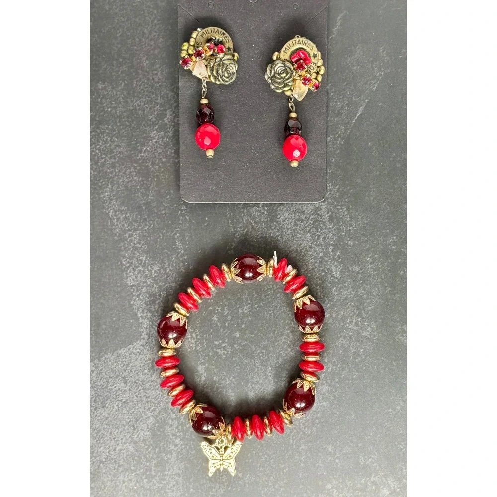Red and Gold Set – Butterfly Bracelet & French Military-Style Earrings